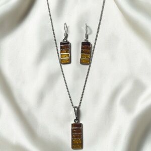 Vintage Modernist 925 Sterling Silver Ombre Amber Bar Necklace & Earrings Set